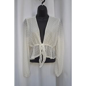Polka Dot Sheer Bell Sleeve Crop Front Tie Boho Cottage Festival Fairy - Small